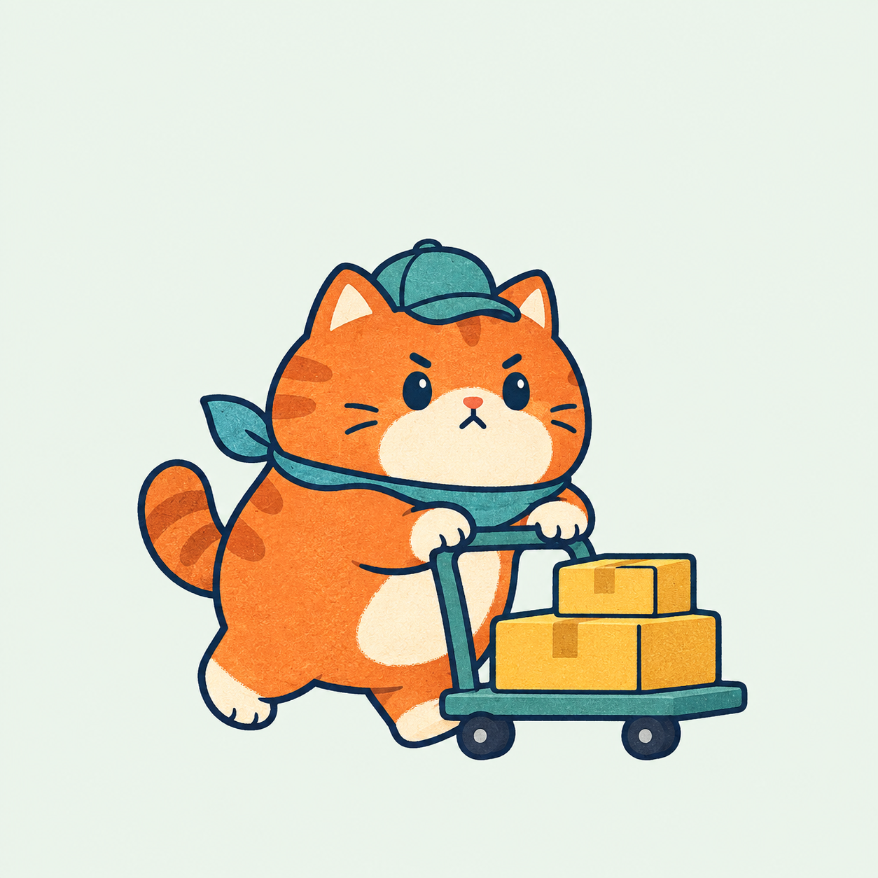 橘猫老板推着装满快递箱的小推车